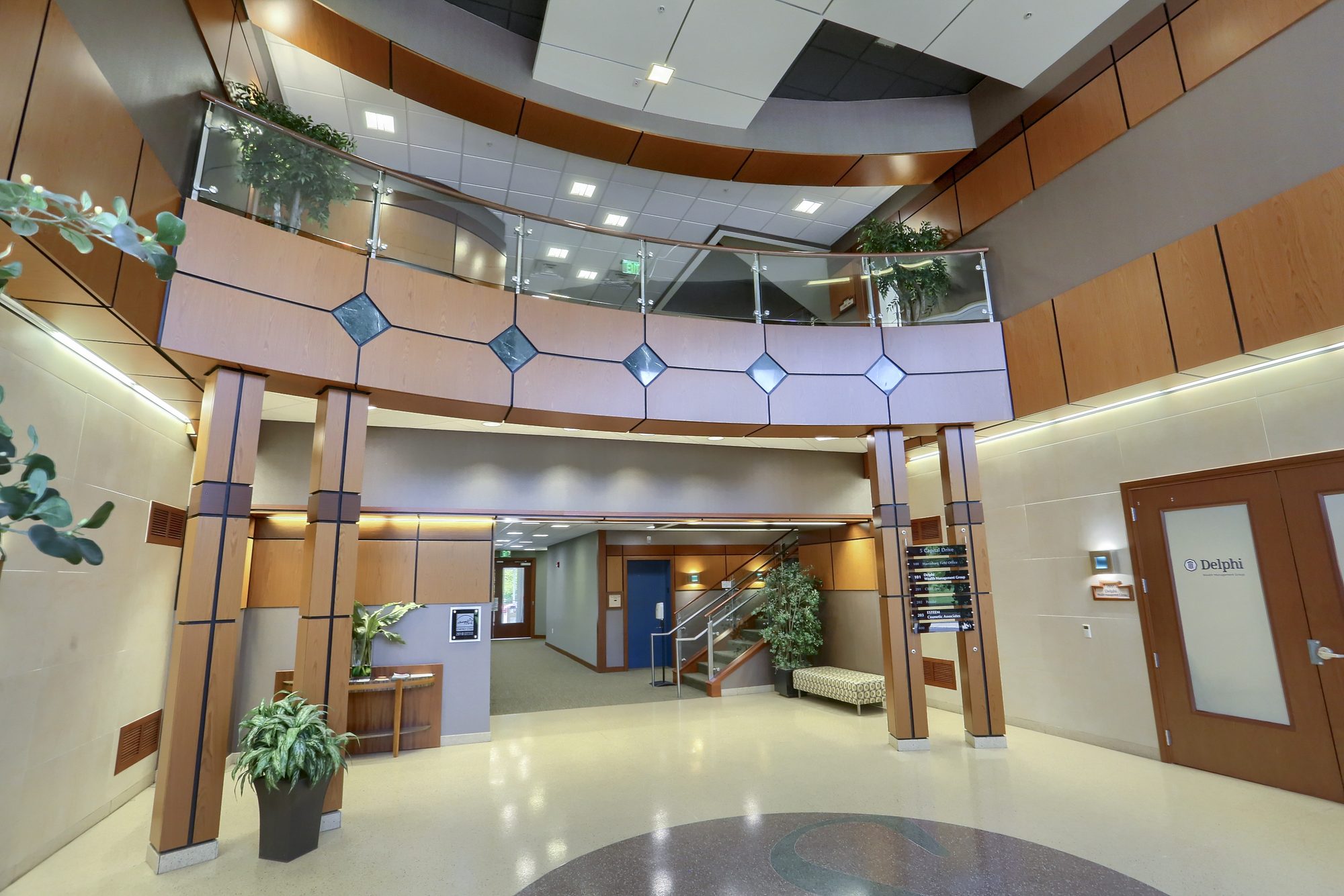 Atrium lobby shared by the building’s professional tenants